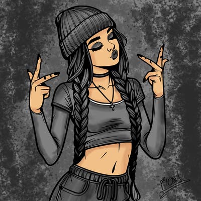 realistic teenage girl with braids and a beanie and crop top doing 🫶🏼