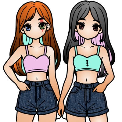 two sisters with crop tops and jean shorts and straight hair
