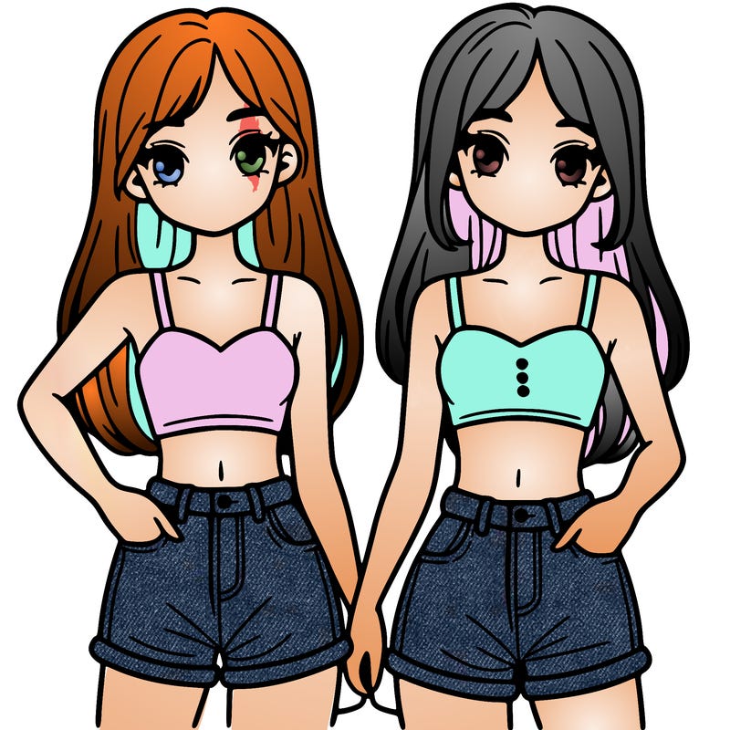two sisters with crop tops and jean shorts and straight hair