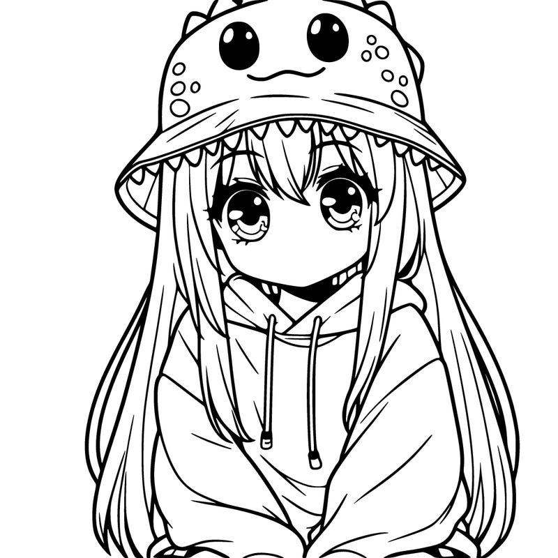 girl with anime shaped eyes with a dinosaur bucket hat oversized sweatshirt long straight hair