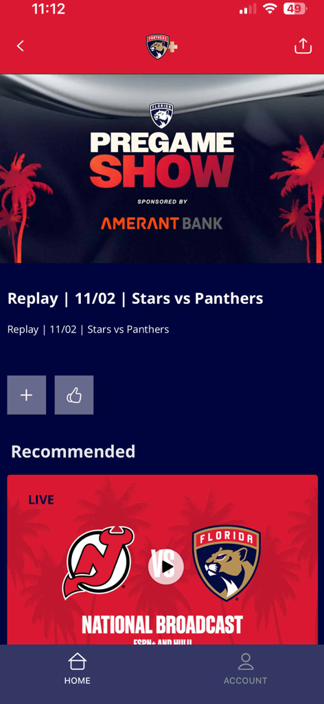 Panthers Plus mobile app home screen showing a pregame show banner and recommended live hockey games