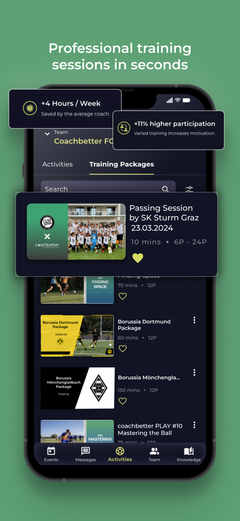 coachbetter - Smartphone screen showing professional soccer training sessions and coach performance statistics in the coachbetter app.