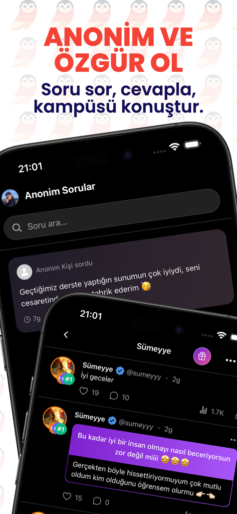 Interfaz de la aplicación móvil Kampusify con preguntas anónimas e interacciones sociales de estudiantes