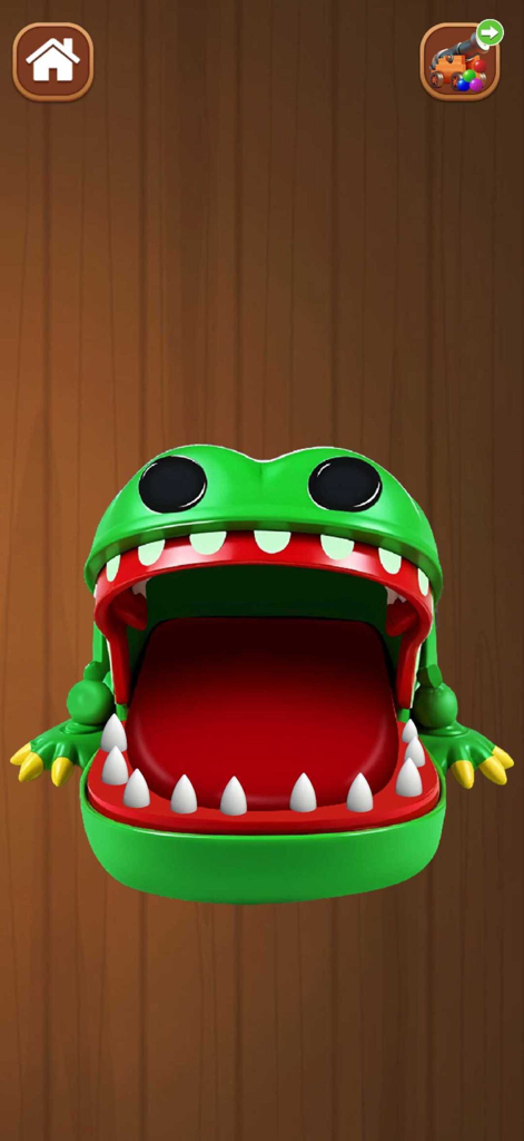 A 3D green crocodile fidget toy with an open mouth in a relaxing mini game