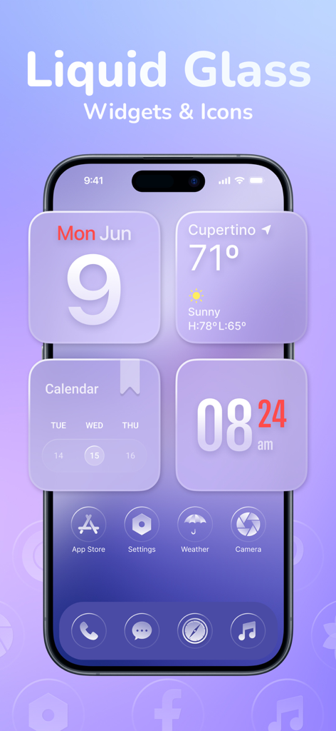 Thematic - Top Color Widgets - Customized purple iPhone home screen with liquid glass style widgets and aesthetic icons