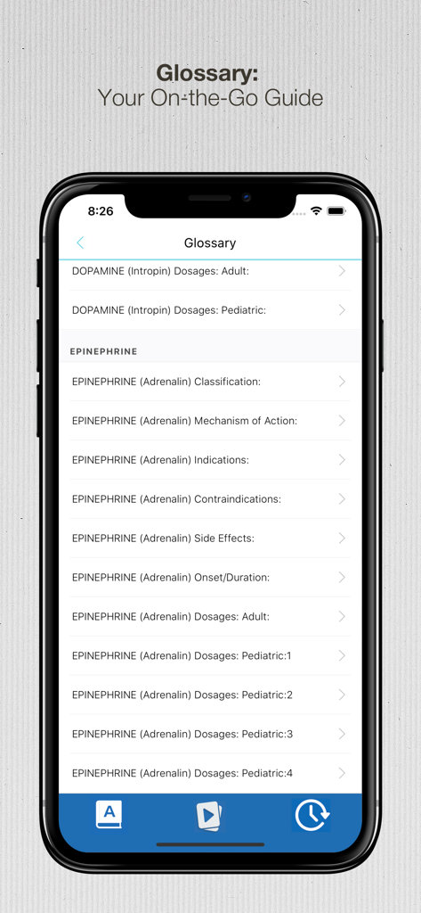 Paramedic Drug List Flashcards - Glossary screen of the EMS Paramedic Drug List app showing drug classifications and dosages