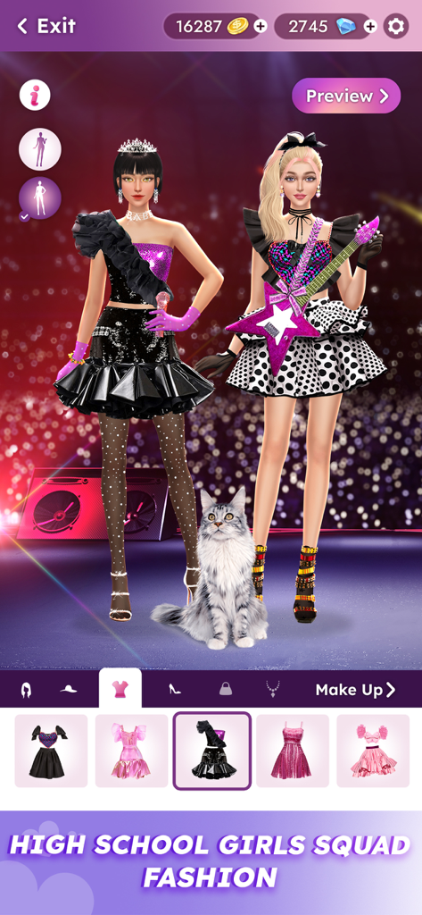 Teenager Fashion Dress Up Game - Dos avatares de chicas adolescentes con elegantes atuendos de rockstar en un escenario de concierto con un gato
