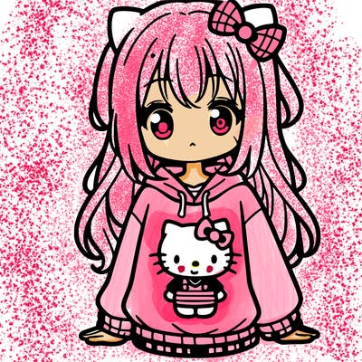 cute anime girl wearing a kuromi from hello kitty sweatshirt