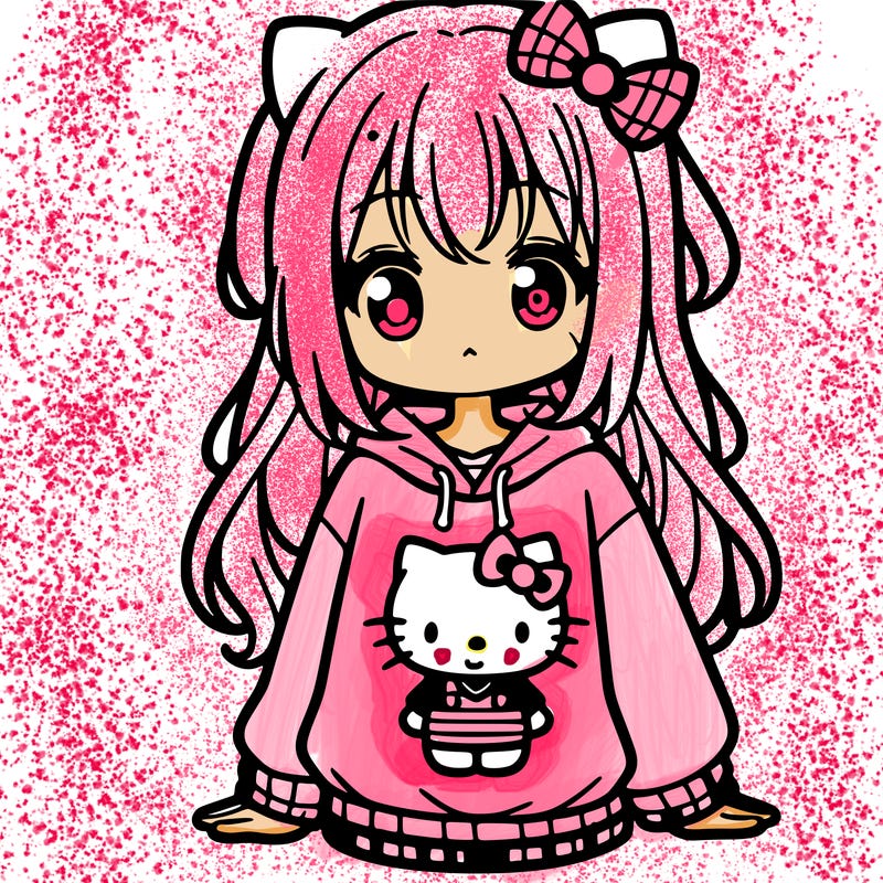 cute anime girl wearing a kuromi from hello kitty sweatshirt