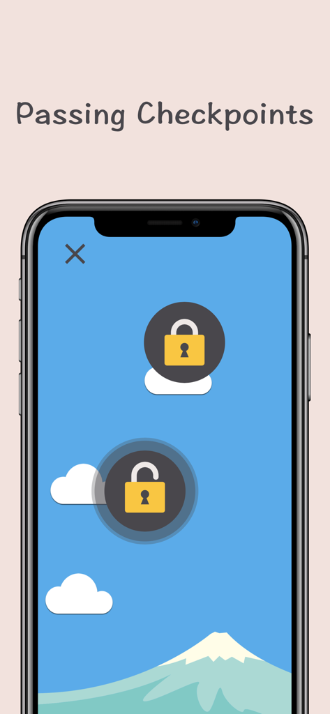 A mobile app screen showing locked learning checkpoints over a stylized Japanese landscape with Mount Fuji.