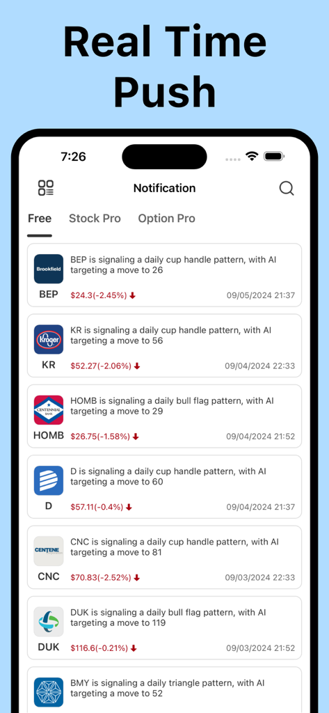 Finview: Stock Screener Signal - Finview 앱 인터페이스의 실시간 주식 신호 알림.
