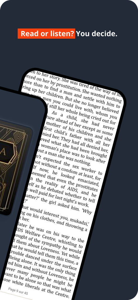 YouScribe mobile app interface showing digital book text with a headline about reading or listening options