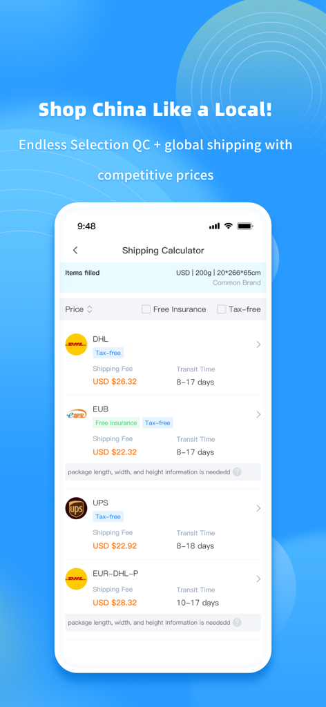 Interface do aplicativo DogeGoo mostrando uma calculadora de frete com várias opções de transportadora e preços.