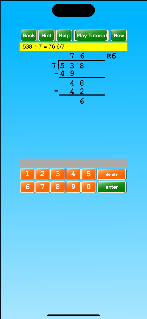 Long Division & Multiplication - Mobile app interface showing long division of 538 divided by 7 with step by step work and a remainder of 6