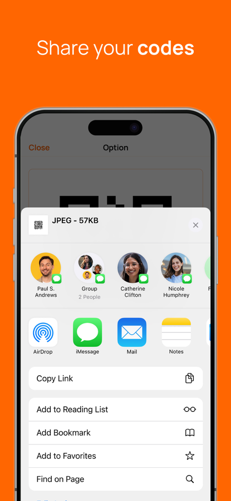 iPhone screen showing various options to share a generated QR code with contacts and apps