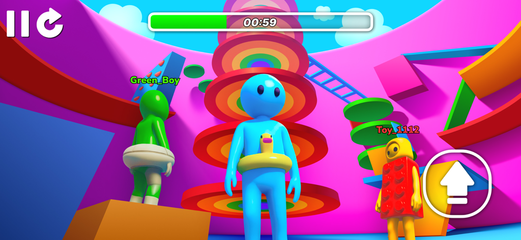 Mega Obby - Parkour Fun Run 3D - Three customized 3D characters in a bright rainbow parkour course