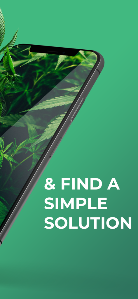 GrowDoc - Smartphone displaying cannabis leaves in the GrowDoc app with the caption Find a simple solution.