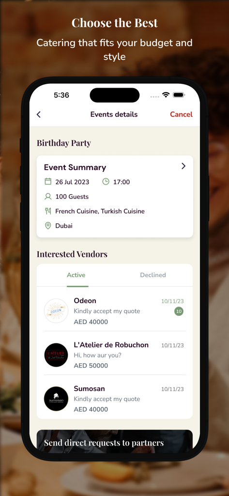 YouCater - Event Catering - YouCater app screen showing a birthday party event summary and a list of catering vendor quotes