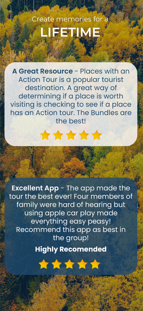Five star customer reviews for the Action Tour Guide travel app over a scenic autumn forest background