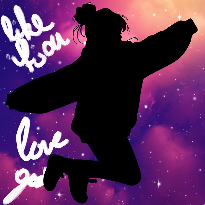 realistic girl jumping with a bun and oversized sweatshirt