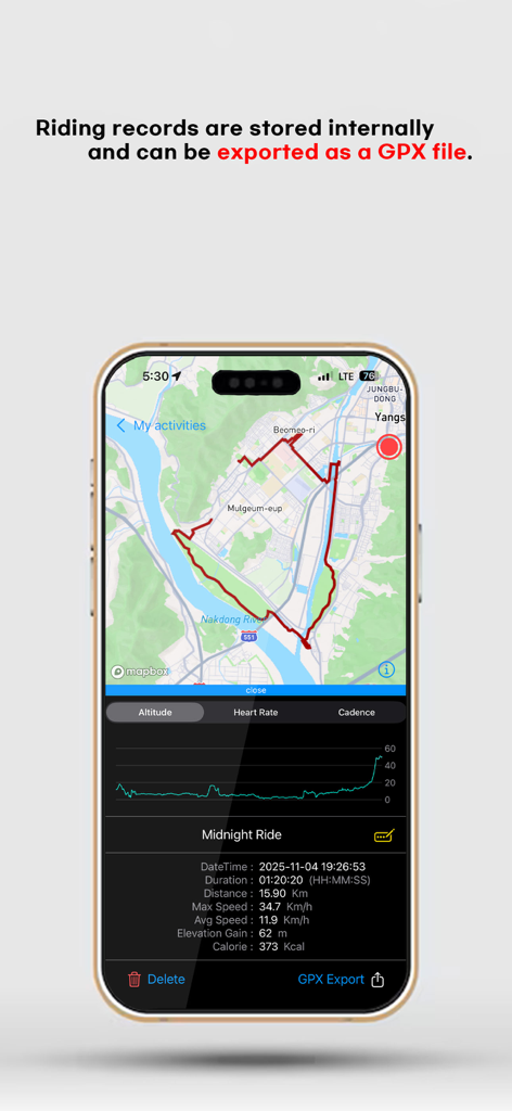 Masil Tracker - Uma tela de smartphone exibindo o aplicativo Masil Tracker com uma rota de ciclismo gravada em um mapa com estatísticas de atividade e um botão de exportação GPX.