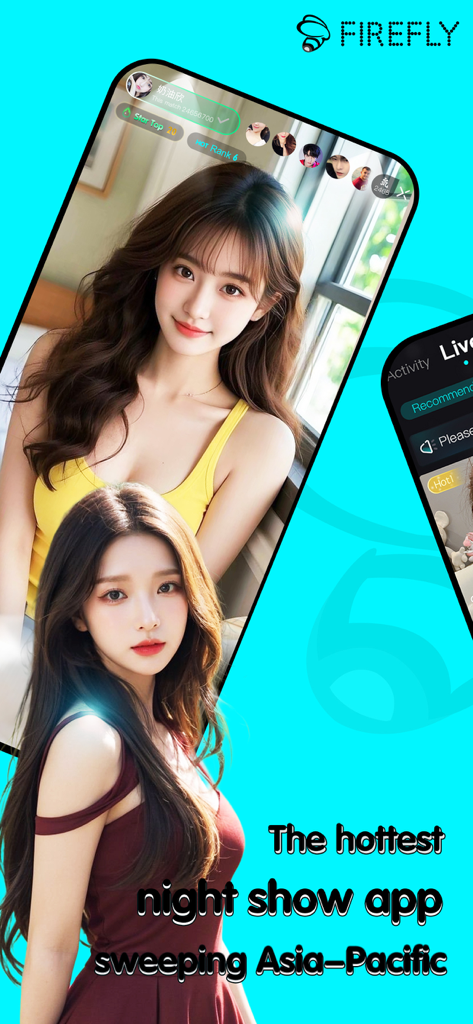 Promotional graphic for Firefly Live app featuring stunning hosts and live streaming interface