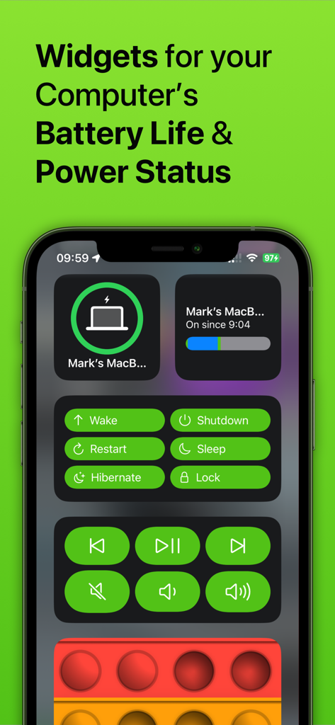 iPhone screen showing widgets for computer power status and remote control buttons