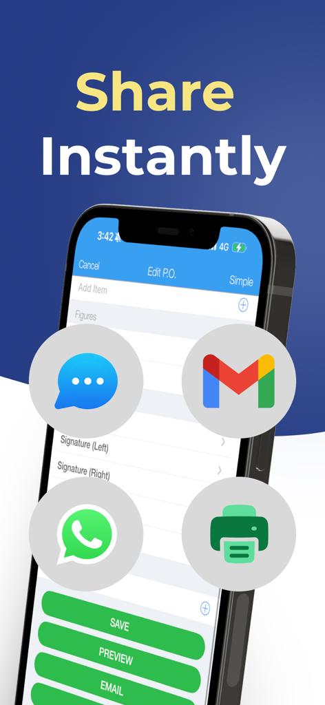 Purchase Order PRO - PO Maker - Purchase Order PRO mobile app interface showing sharing options via email messaging and wireless printing