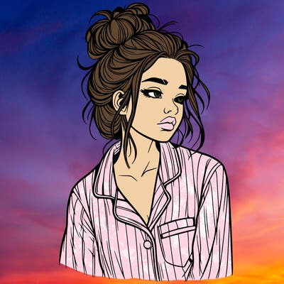 realistic woman with pajamas on and a messy bun