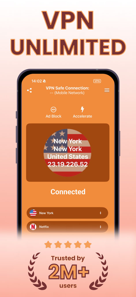 Dash VPN app interface showing a secure connection to a New York server with a trust badge for two million users and five star ratings.