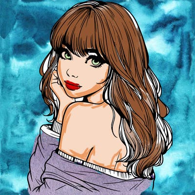 realistic girl with bangs looking over her shoulder