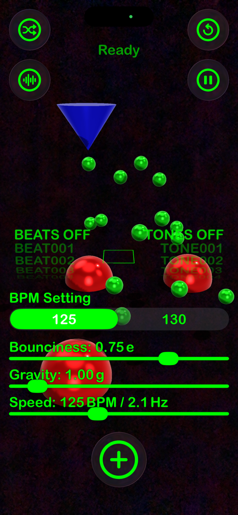 Sound Drop AR - Interface of the Sound Drop AR app showing music production controls and physics sliders