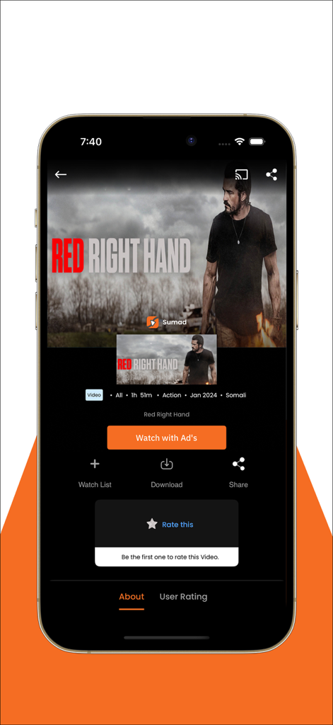 Sumad app movie details screen for Red Right Hand with watch options and rating features