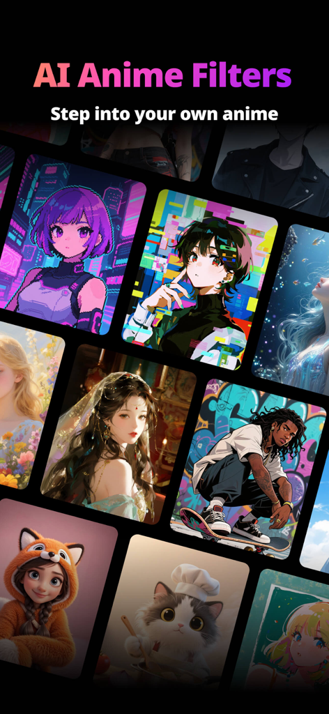 Una cuadrícula que muestra diferentes estilos de anime y avatares generados por la aplicación SelfyzAI