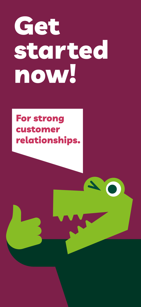 Cartoon alligator mascot winking and giving a thumbs up with text about starting strong customer relationships