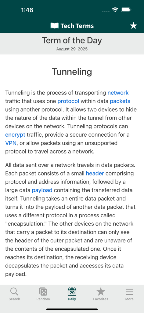Tech Terms - Tech Terms mobile app interface showing the term of the day definition for Tunneling.