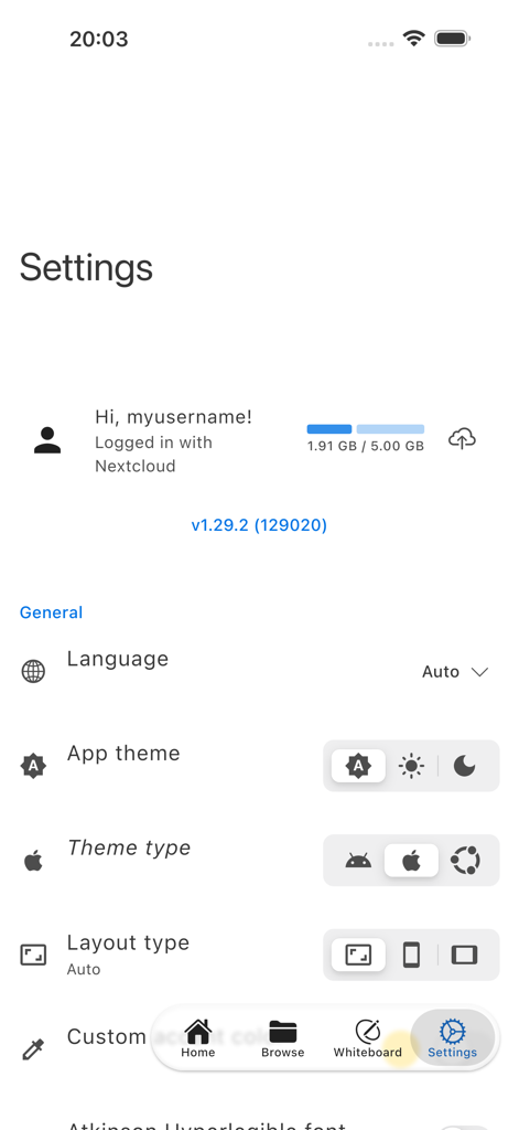 Saber: Handwritten Notes - Settings screen of the Saber app showing user profile with Nextcloud sync status and UI customization options including theme and layout types