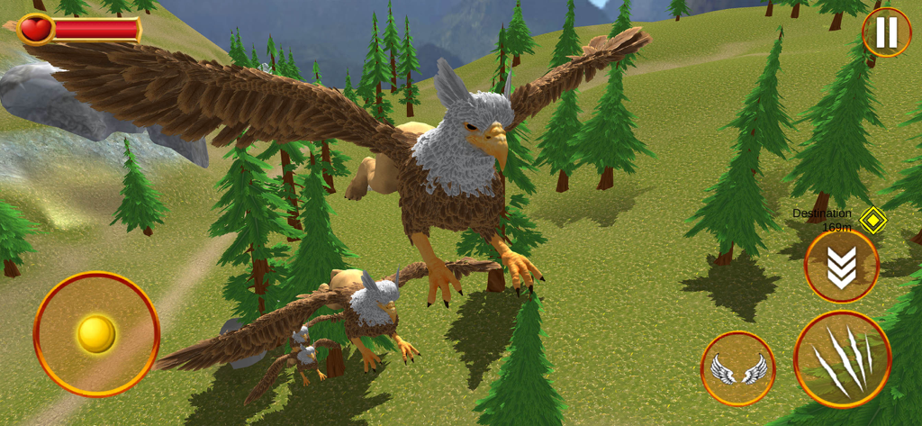 Griffin Life Simulator Game - A griffin and its offspring flying above a green forest in a 3D simulation game.