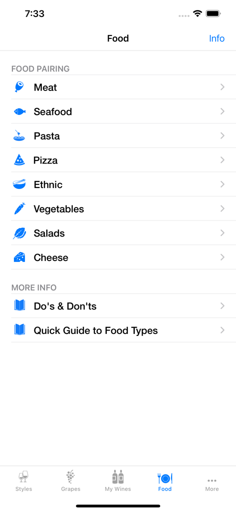 Lista de categorías de alimentos para sugerencias de maridaje de vino, incluyendo carne, mariscos y pasta