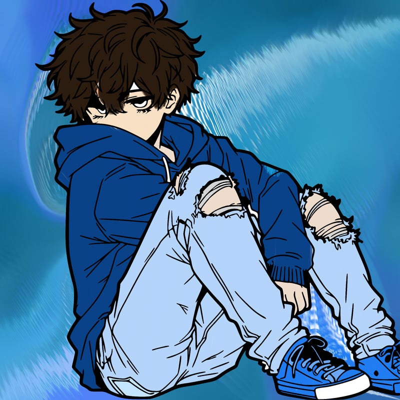 a male hoddie ripped jeans messy hair anime