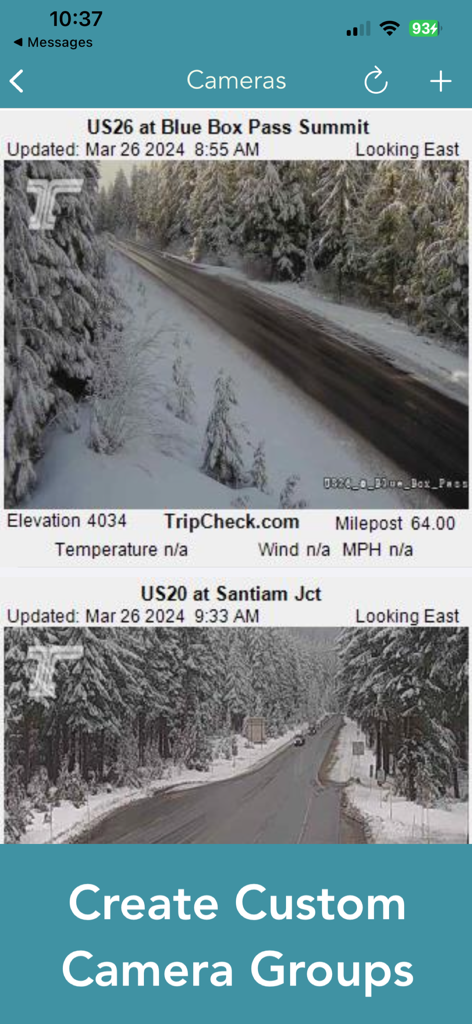 Oregon 511 Road Conditions - Oregon 511 app showing live CCTV camera feeds of snowy mountain passes and a feature to create custom camera groups
