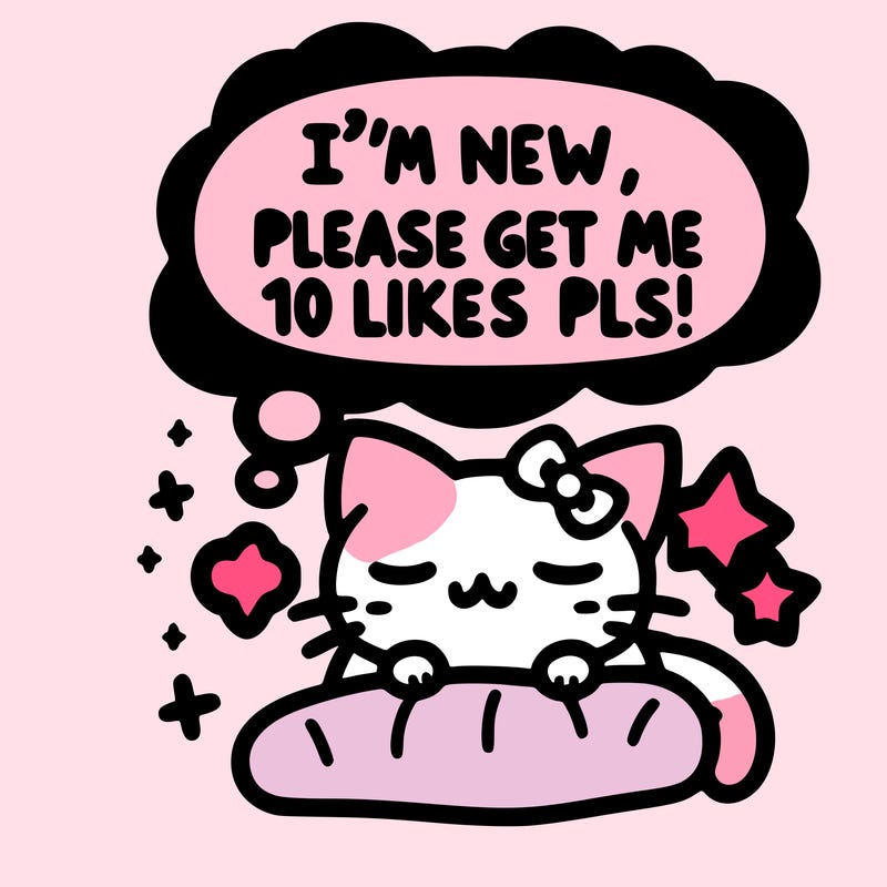 kitty taking a nap dream talking and saying "i'm new, please get me at least 10 likes pls!!"