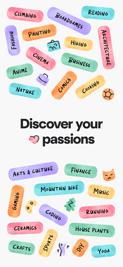 Colorful hobby and interest tags like cooking, coding, and sports with the text Discover your passions