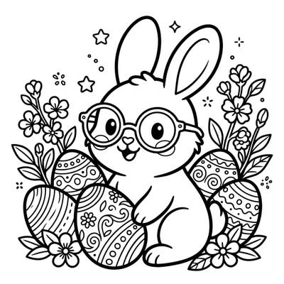 Get ready for an adorable Easter celebration with this charming coloring page featuring a cute bunny wearing glasses. Surrounded by beautifully patterned eggs and blooming spring flowers, it's a delightful scene for all ages to bring to life with color.