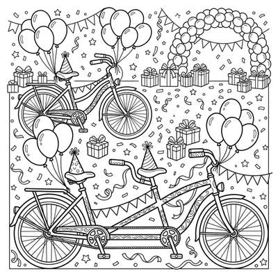 Hop on for a double dose of fun with our charming tandem bike birthday coloring page! This festive scene, complete with balloons and gifts, is ready for your creative touch to bring the celebration to life.