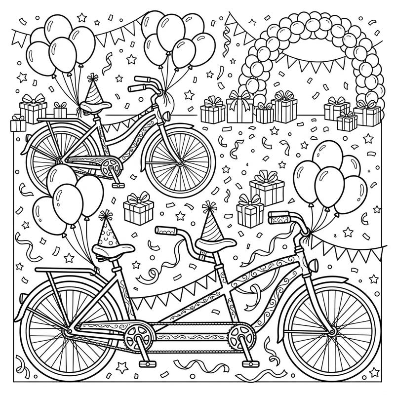 Hop on for a double dose of fun with our charming tandem bike birthday coloring page! This festive scene, complete with balloons and gifts, is ready for your creative touch to bring the celebration to life.