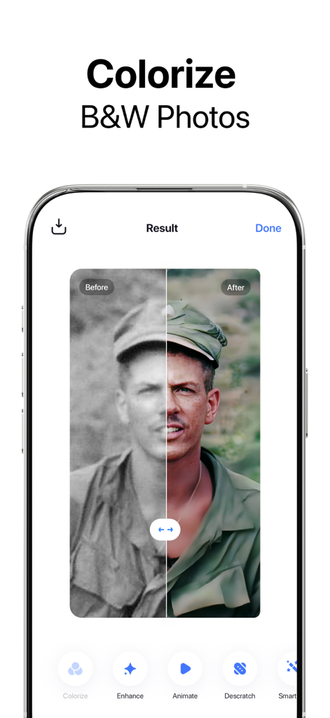 Pixelup: AI Photo Enhancer App - Vorher-Nachher-Vergleich eines kolorierten Vintage-Fotos mit Pixelup AI Enhancer
