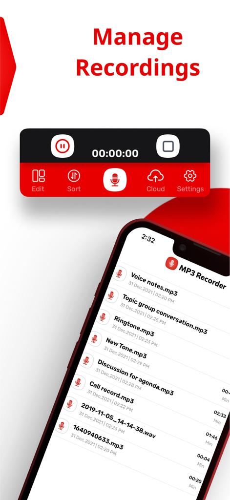 Record Audio & Mp3 Recorder - Interface of the Record Audio app showing a list of mp3 voice notes and tools for editing and sorting audio files
