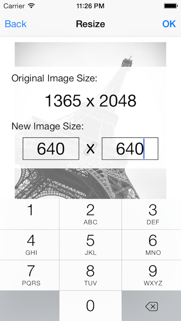 Image Resizer Free - App screen showing original image dimensions and fields to enter new width and height