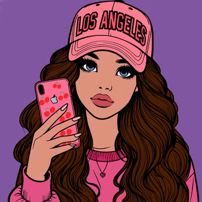 realistic beautiful girl wearing los ángeles cap holding an iphone